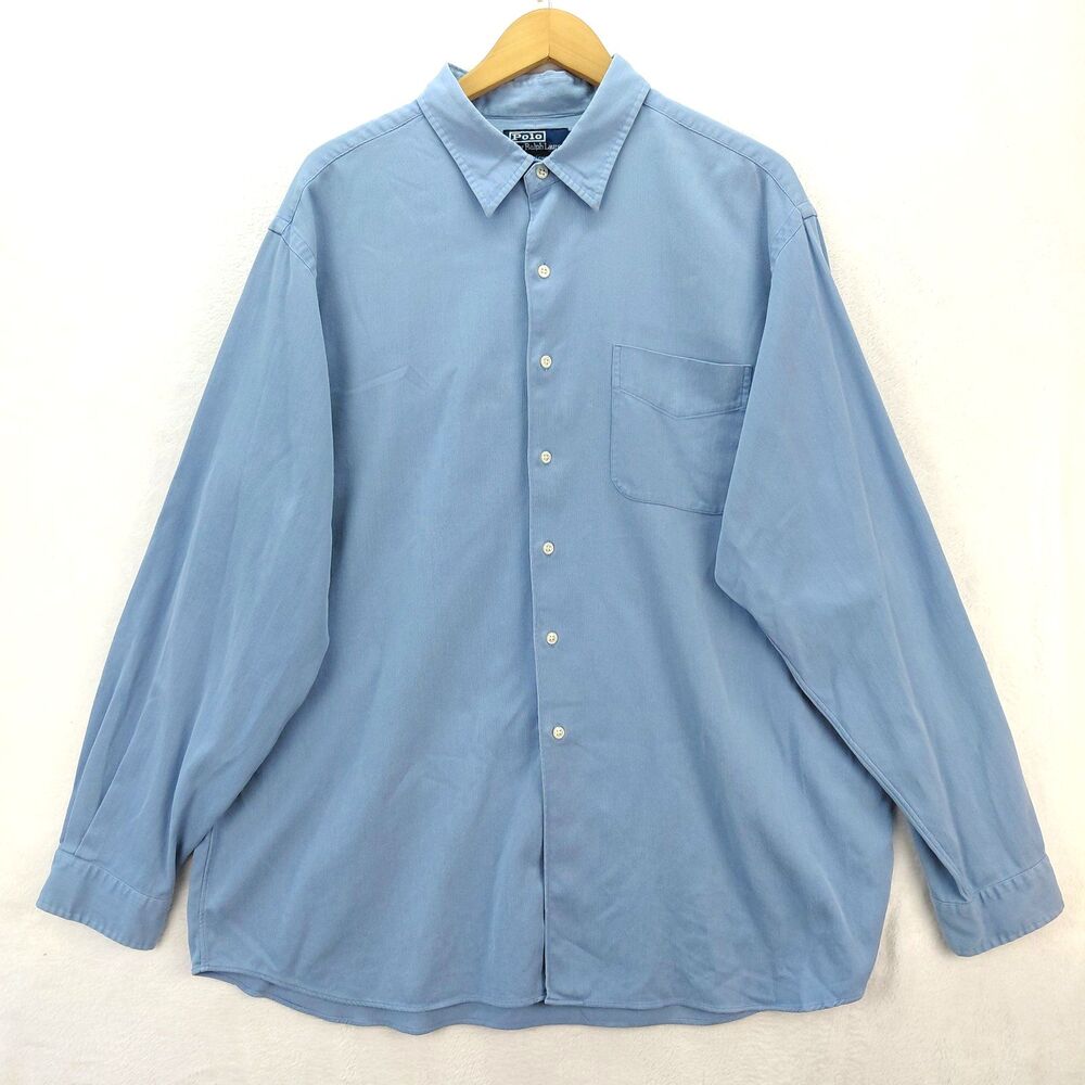 Polo Ralph Lauren Marlowe Shirt Mens 2XL Blue Silk Blend Button Down Pocket VTG